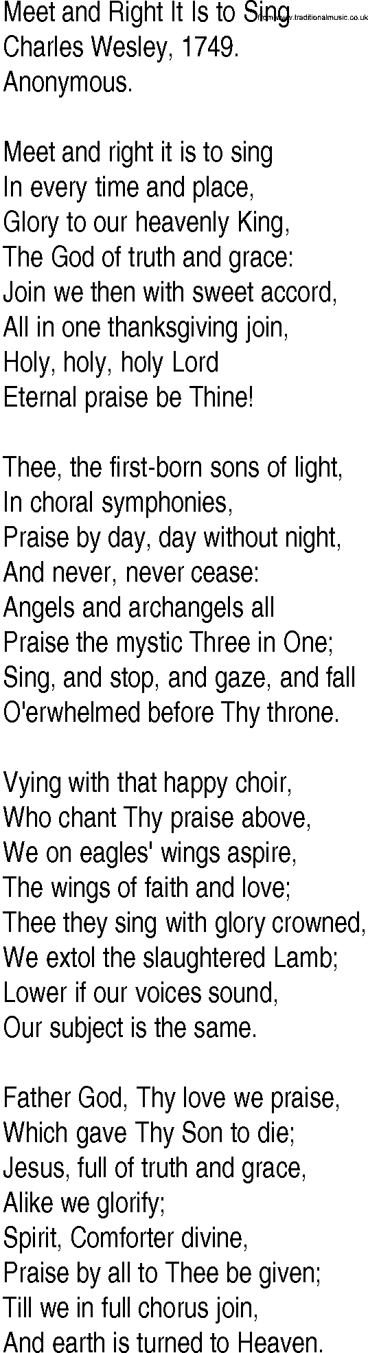 Hymn and Gospel Song: Meet and Right It Is to Sing by Charles Wesley lyrics