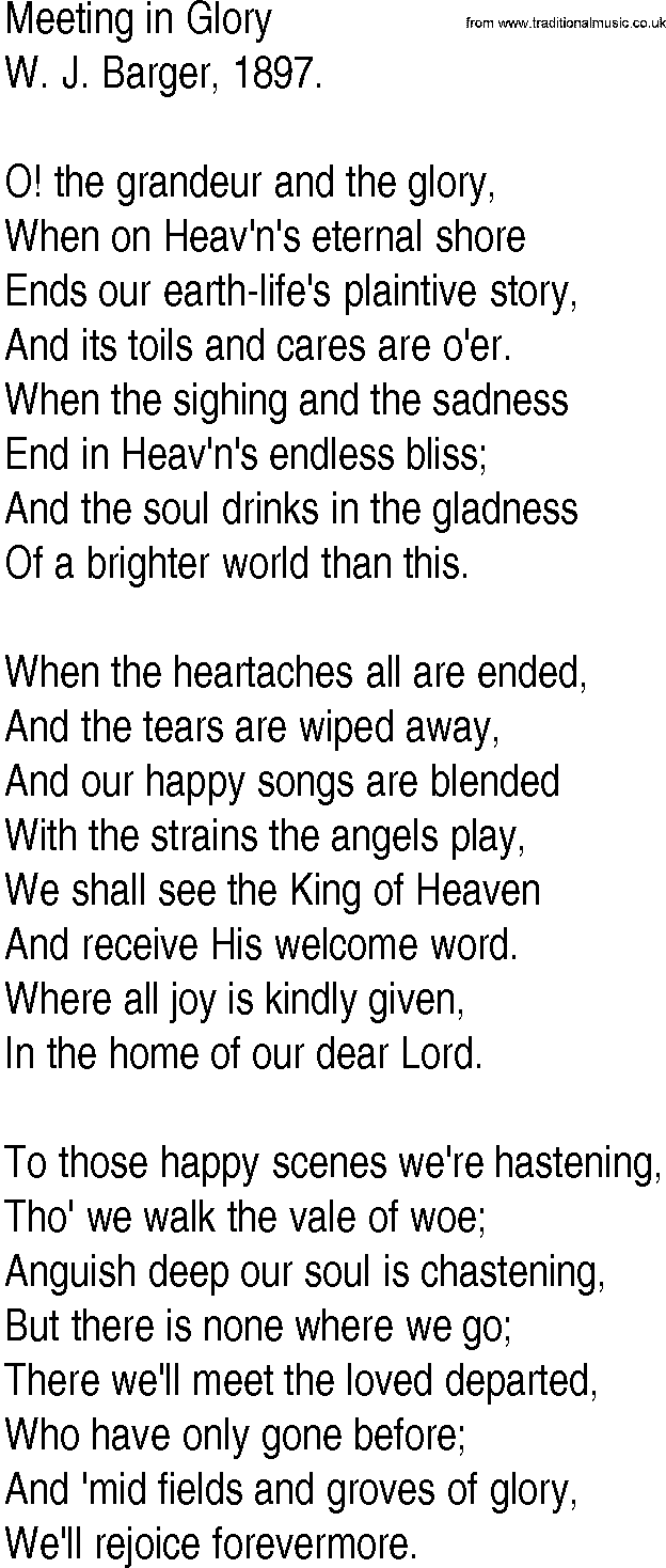 Hymn and Gospel Song: Meeting in Glory by W J Barger lyrics