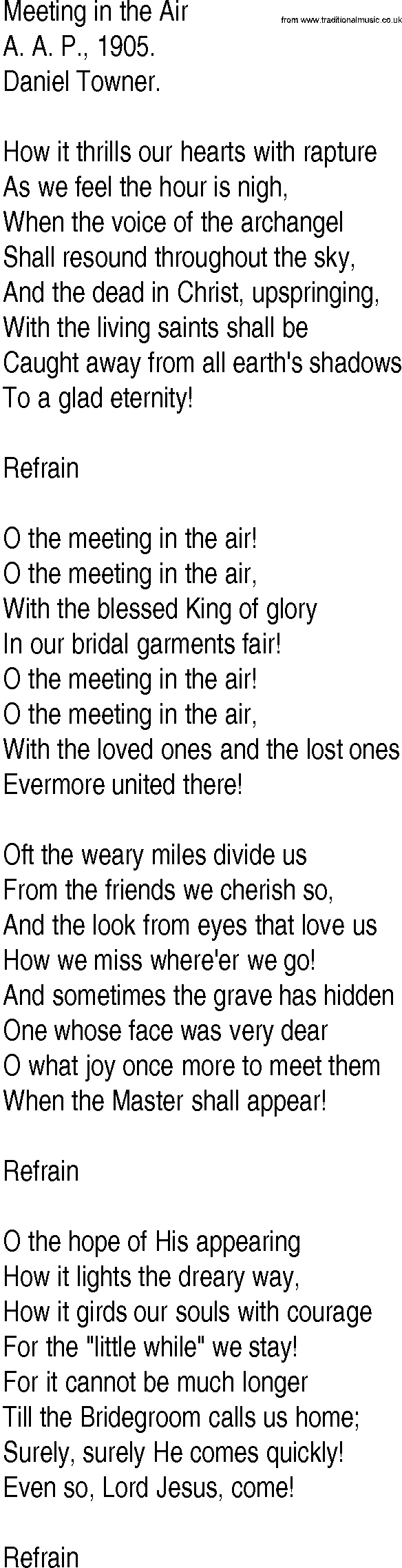 Hymn and Gospel Song: Meeting in the Air by A A P lyrics