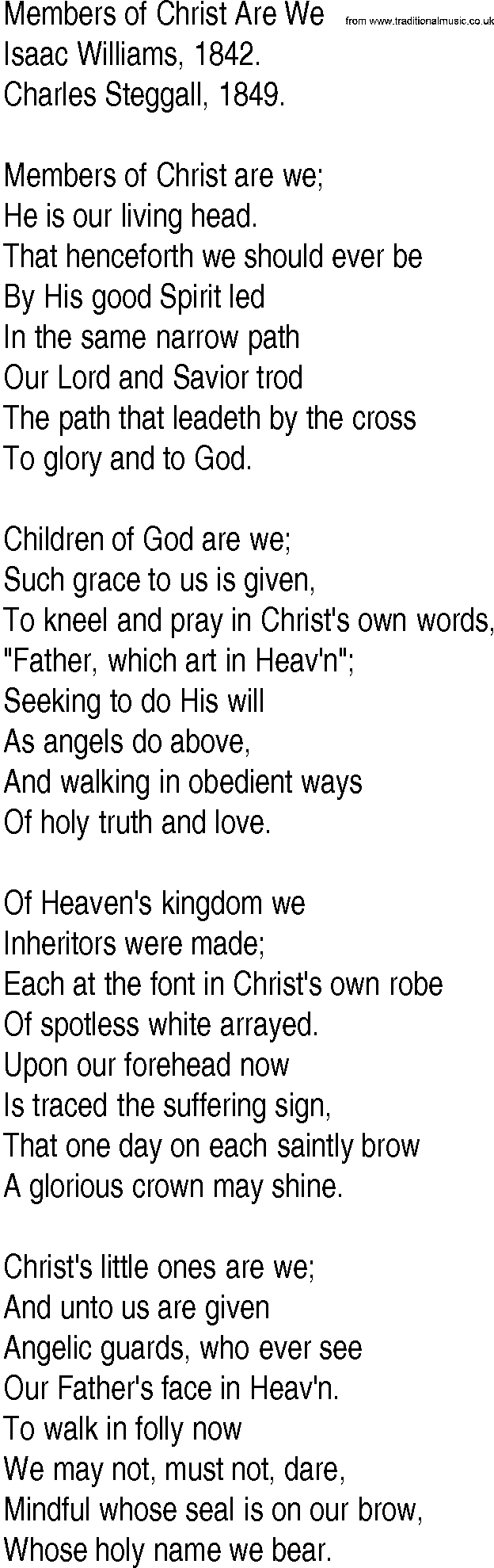 Hymn and Gospel Song: Members of Christ Are We by Isaac Williams lyrics
