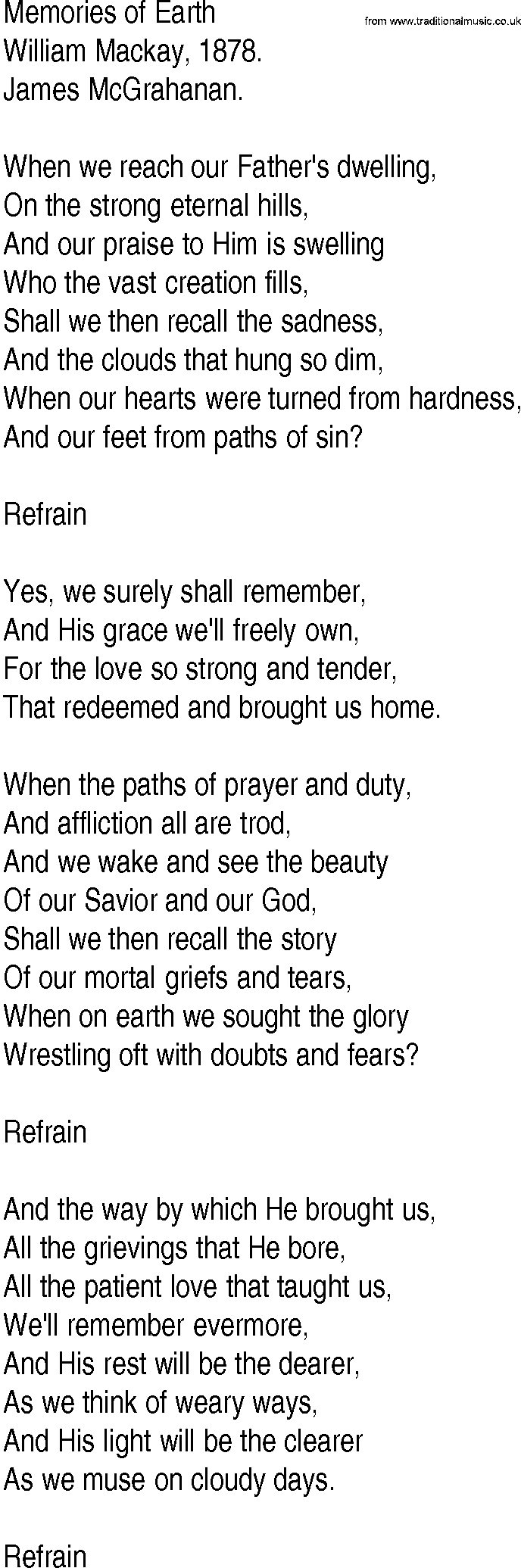 Hymn and Gospel Song: Memories of Earth by William Mackay lyrics