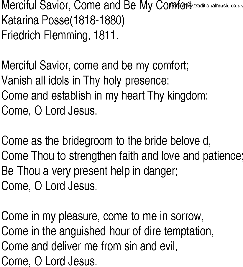 Hymn and Gospel Song: Merciful Savior, Come and Be My Comfort by Katarina Posse lyrics