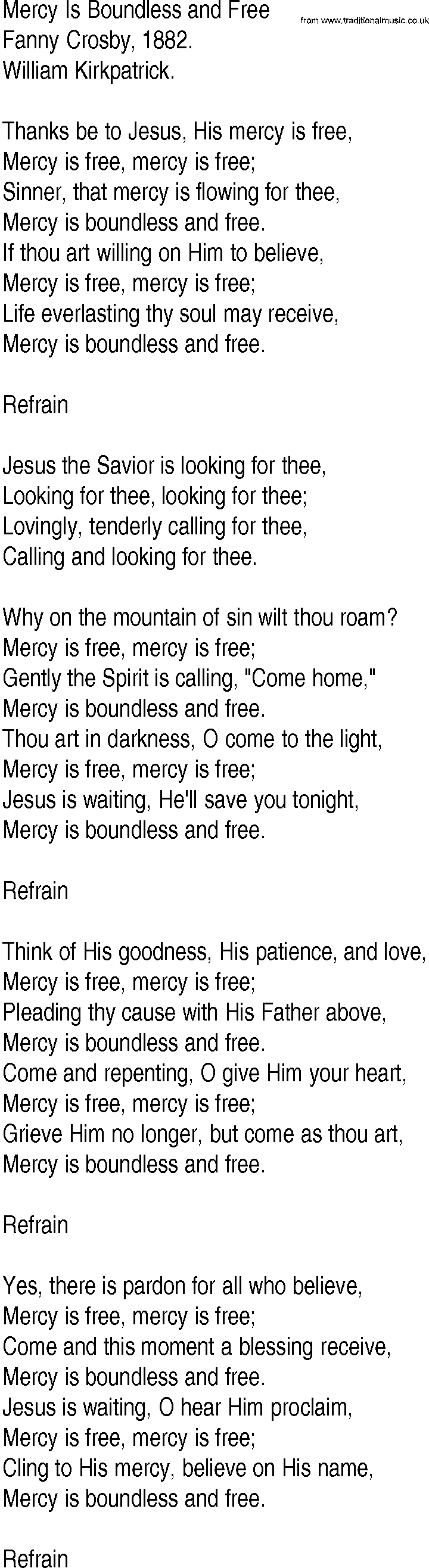 Hymn and Gospel Song: Mercy Is Boundless and Free by Fanny Crosby lyrics