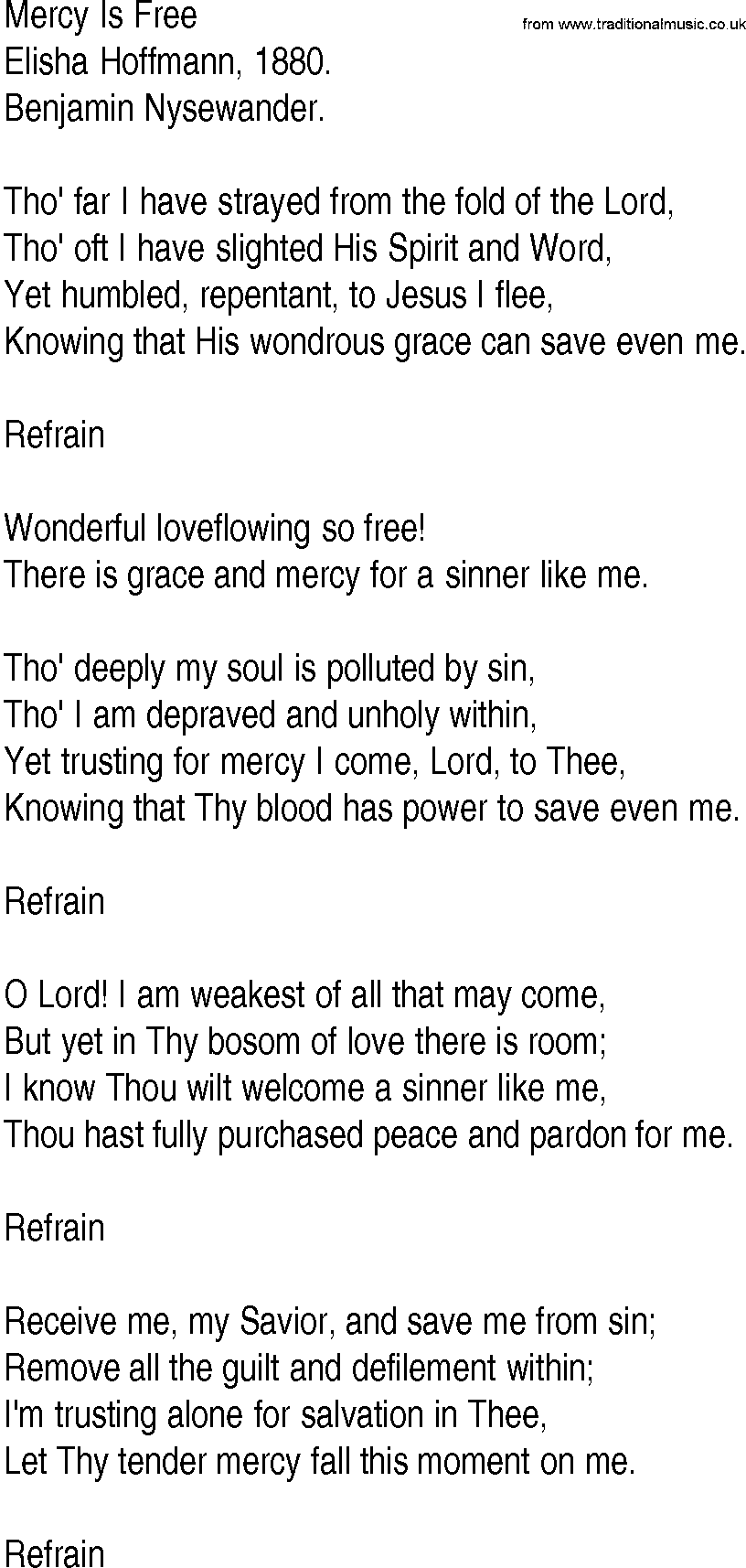 Hymn and Gospel Song: Mercy Is Free by Elisha Hoffmann lyrics