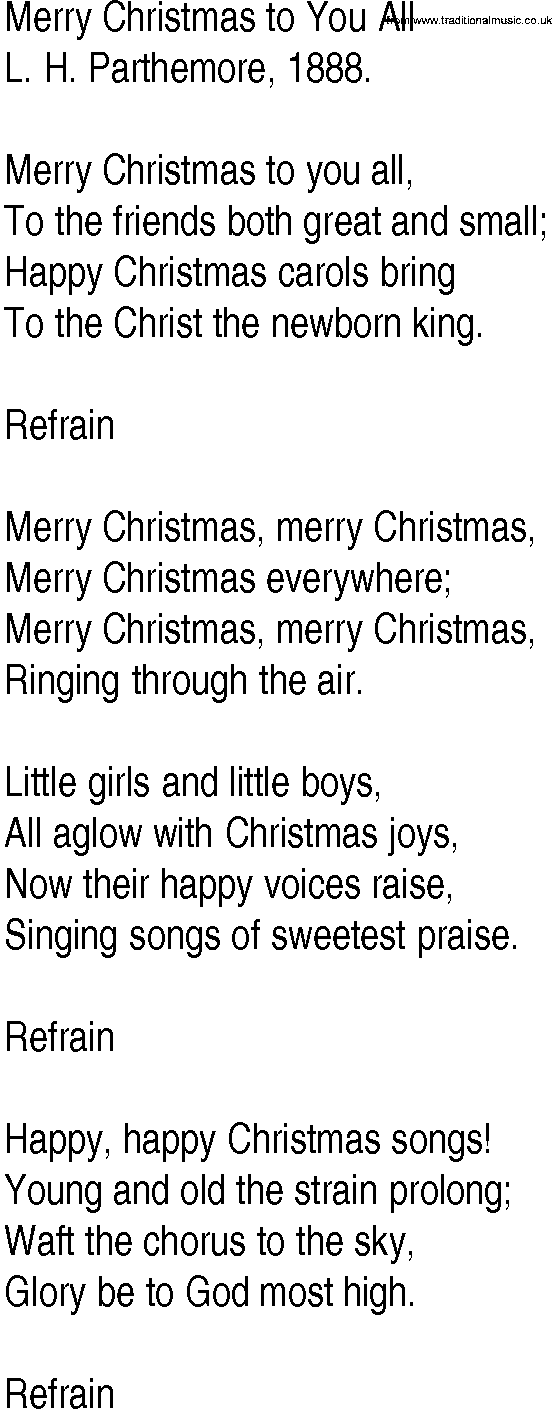 Hymn and Gospel Song Lyrics for Merry Christmas to You All by L H Parthemore