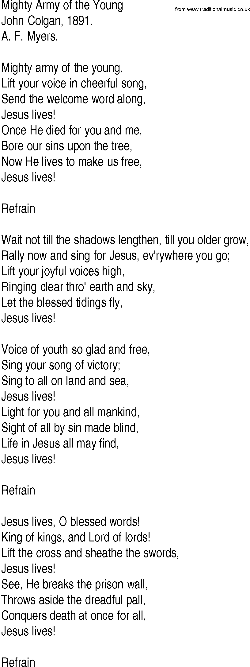 Hymn and Gospel Song: Mighty Army of the Young by John Colgan lyrics