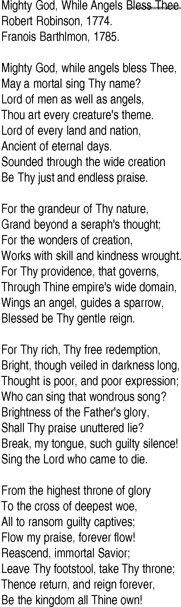 Hymn and Gospel Song: Mighty God, While Angels Bless Thee by Robert Robinson lyrics