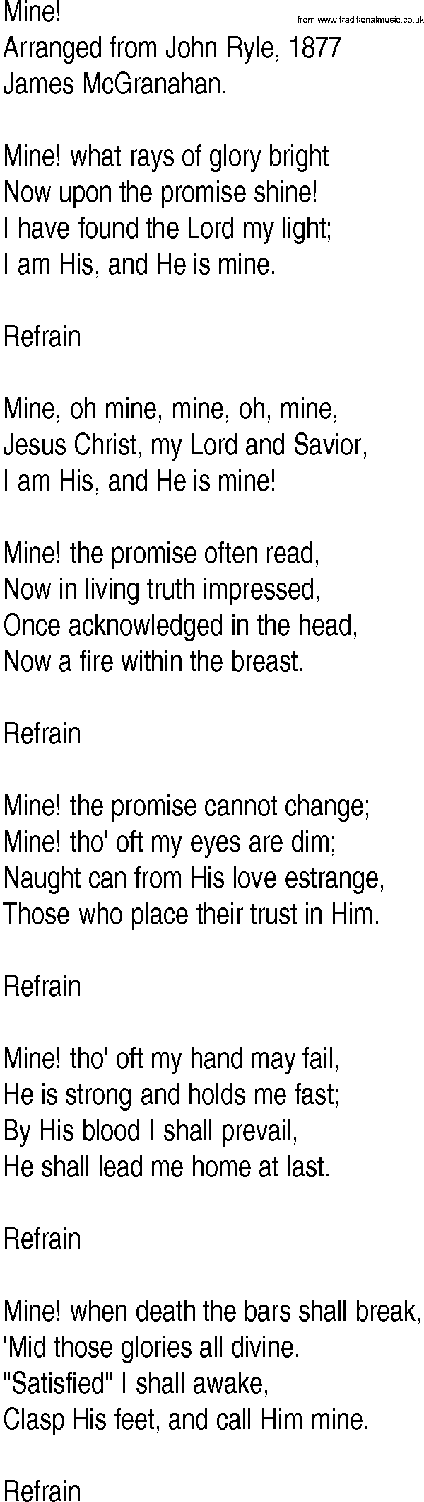 Hymn and Gospel Song: Mine! by Arranged from John Ryle lyrics
