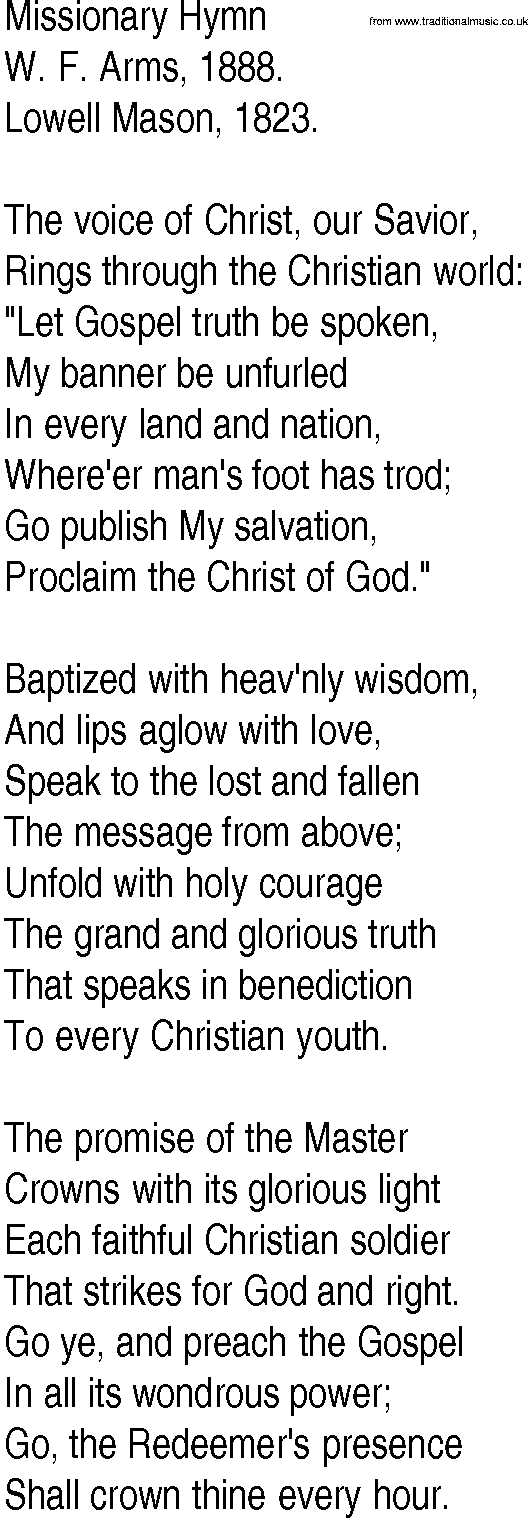 Hymn and Gospel Song: Missionary Hymn by W F Arms lyrics