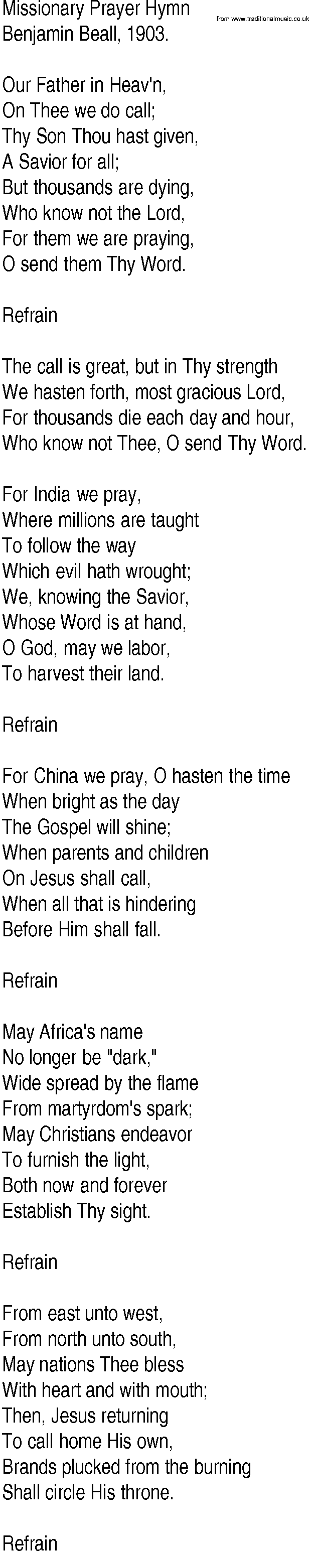 Hymn and Gospel Song: Missionary Prayer Hymn by Benjamin Beall lyrics