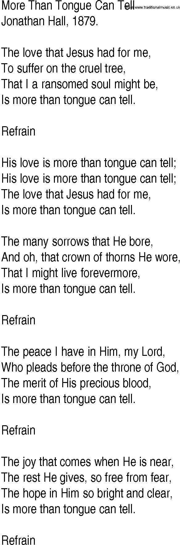 Hymn and Gospel Song: More Than Tongue Can Tell by Jonathan Hall lyrics