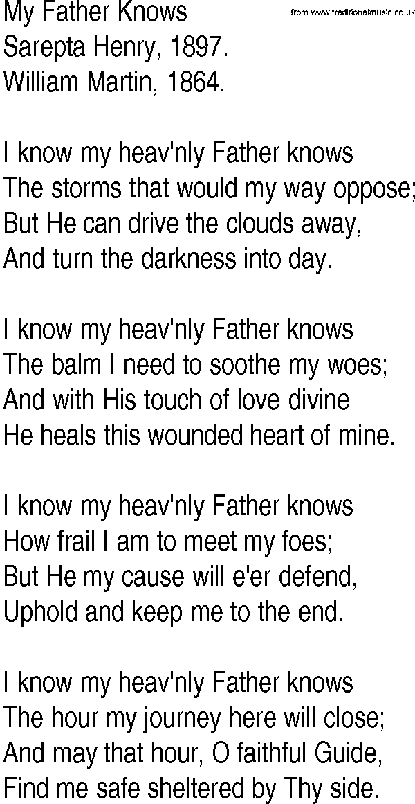 Hymn and Gospel Song: My Father Knows by Sarepta Henry lyrics