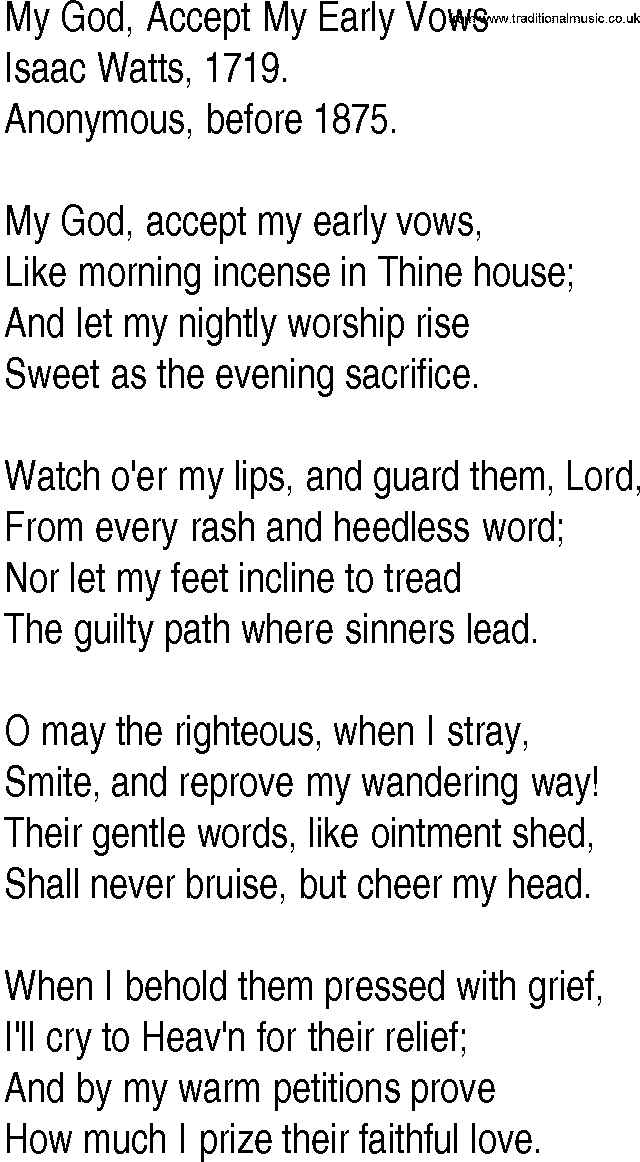 Hymn and Gospel Song: My God, Accept My Early Vows by Isaac Watts lyrics