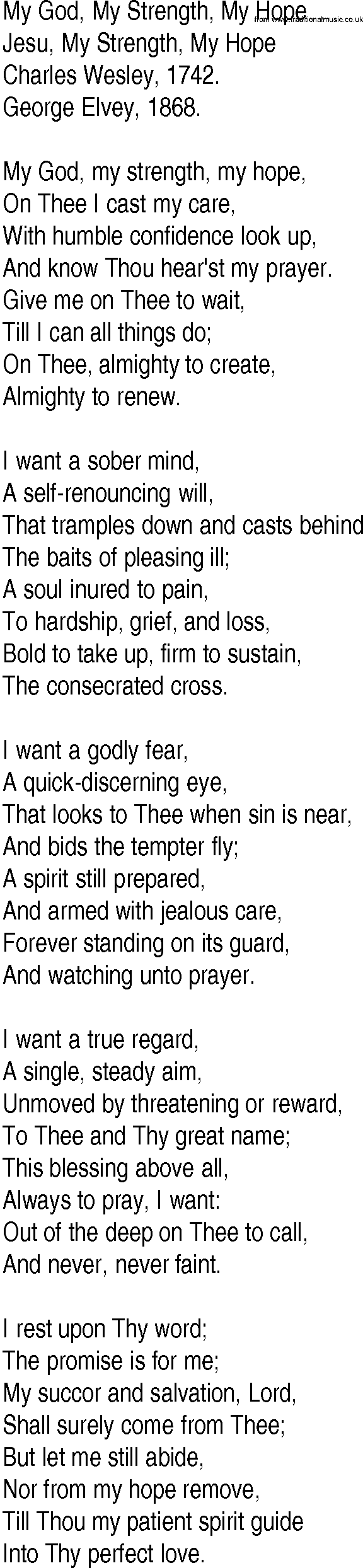 Hymn and Gospel Song: My God, My Strength, My Hope by Charles Wesley lyrics
