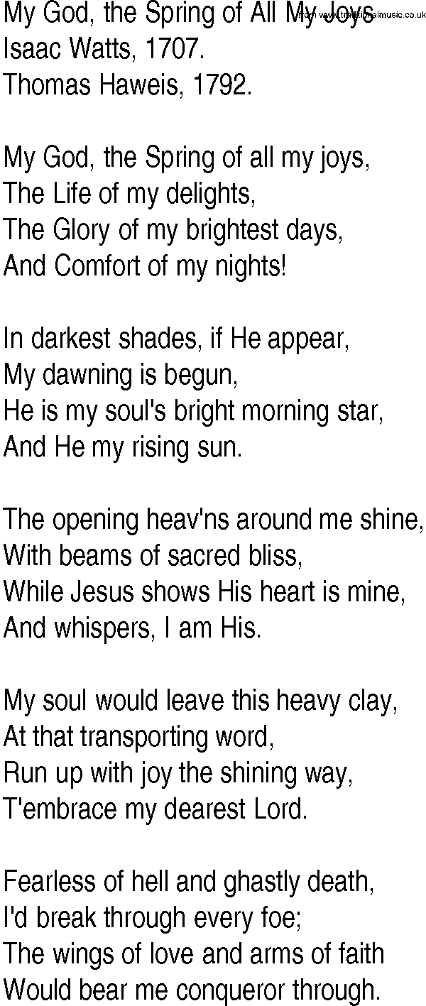 Hymn and Gospel Song: My God, the Spring of All My Joys by Isaac Watts lyrics
