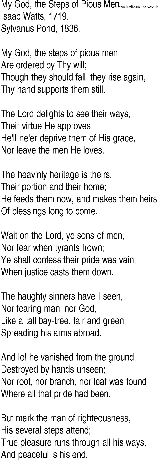 Hymn and Gospel Song: My God, the Steps of Pious Men by Isaac Watts lyrics