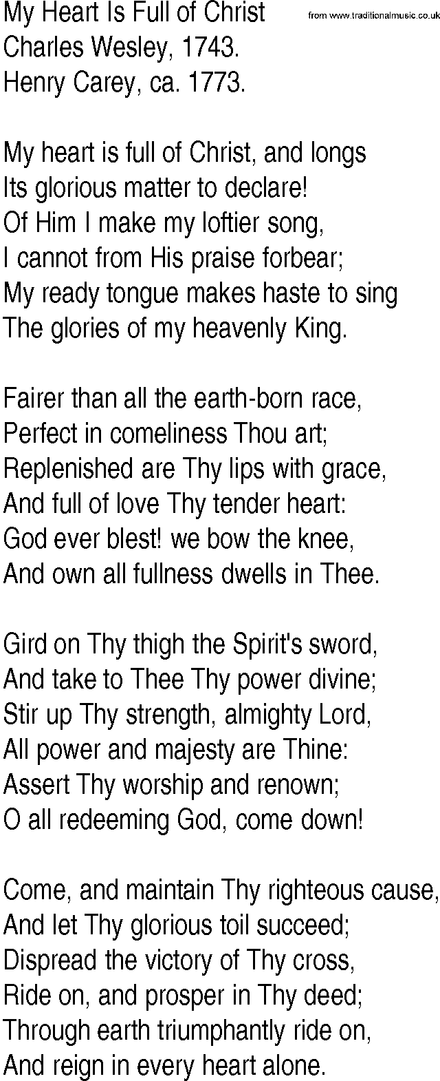 Hymn and Gospel Song: My Heart Is Full of Christ by Charles Wesley lyrics