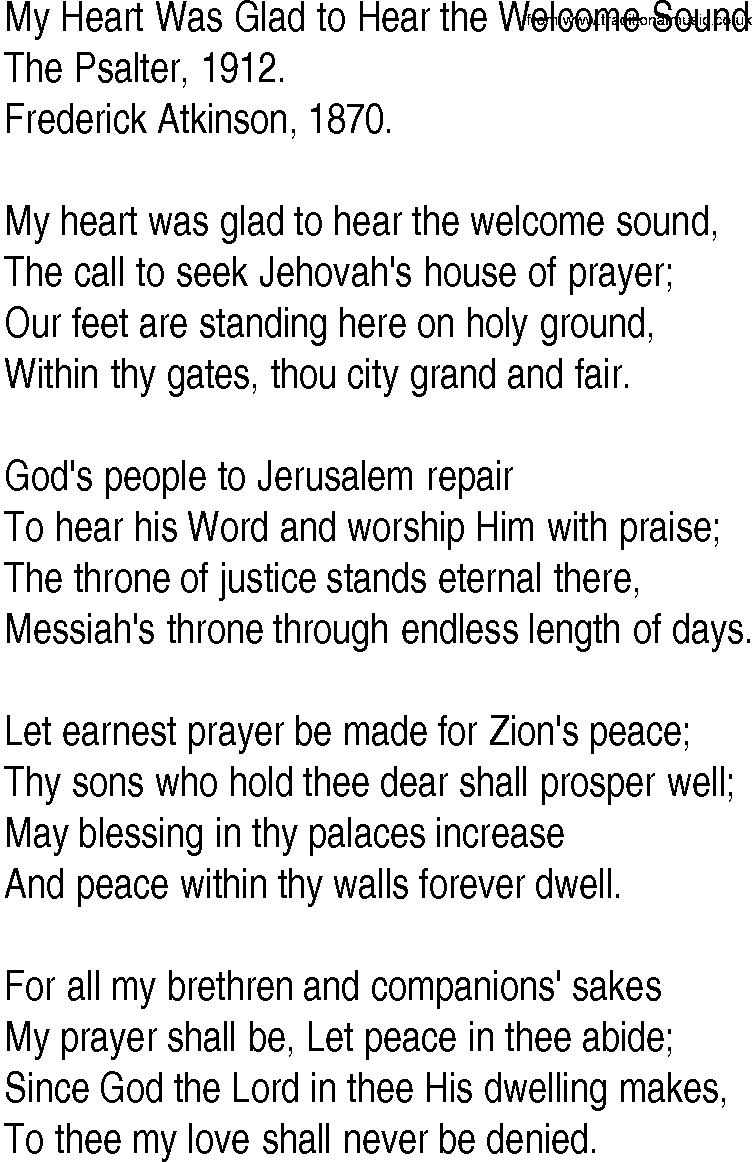 Hymn and Gospel Song: My Heart Was Glad to Hear the Welcome Sound by The Psalter lyrics