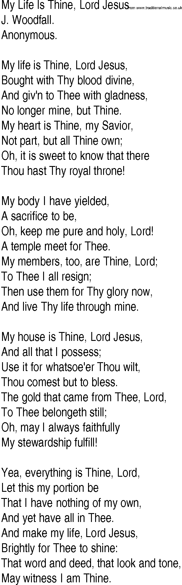 Hymn and Gospel Song: My Life Is Thine, Lord Jesus by J Woodfall lyrics