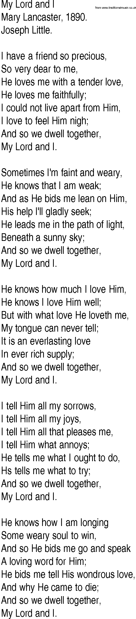 Hymn and Gospel Song: My Lord and I by Mary Lancaster lyrics