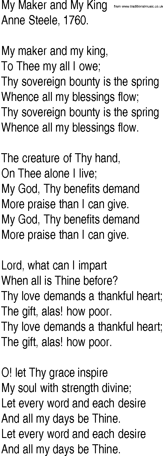 Hymn and Gospel Song: My Maker and My King by Anne Steele lyrics