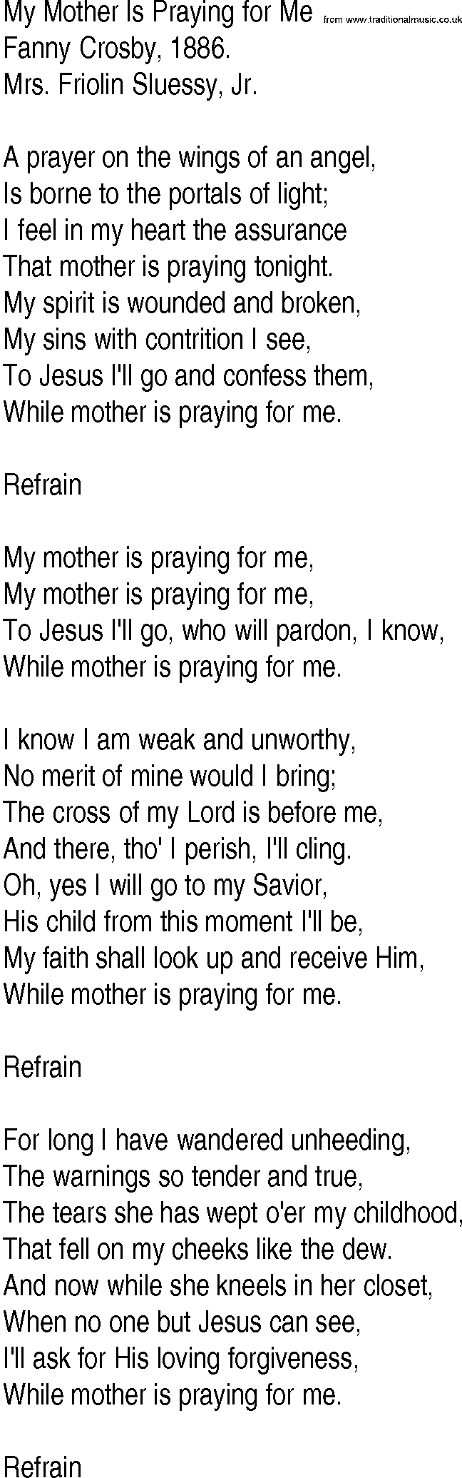 Hymn and Gospel Song: My Mother Is Praying for Me by Fanny Crosby lyrics