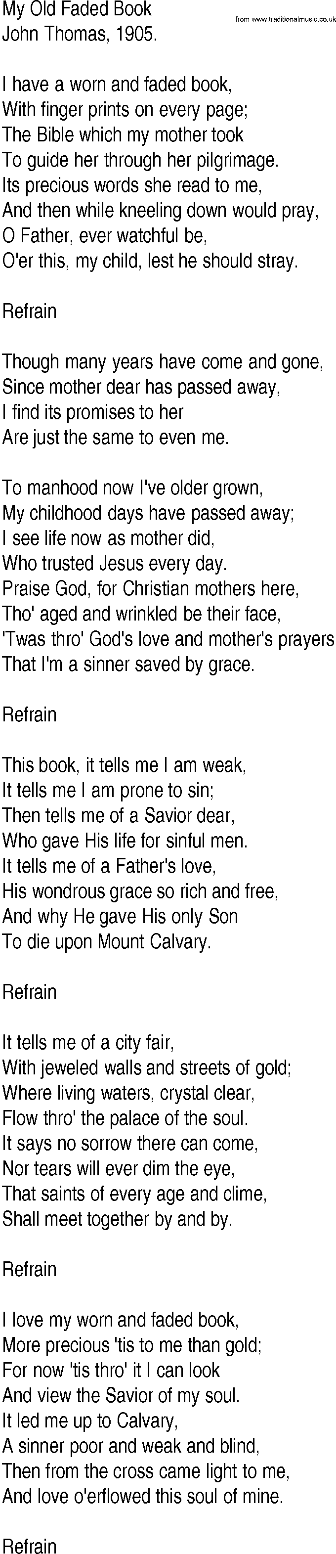 Hymn and Gospel Song: My Old Faded Book by John Thomas lyrics