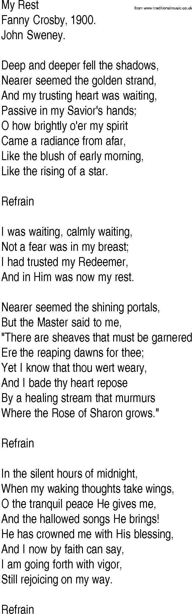 Hymn and Gospel Song: My Rest by Fanny Crosby lyrics