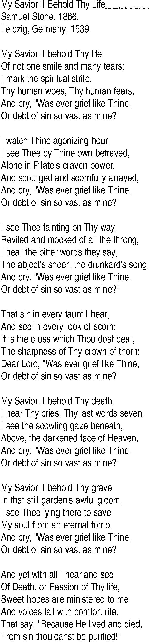 Hymn and Gospel Song: My Savior! I Behold Thy Life by Samuel Stone lyrics