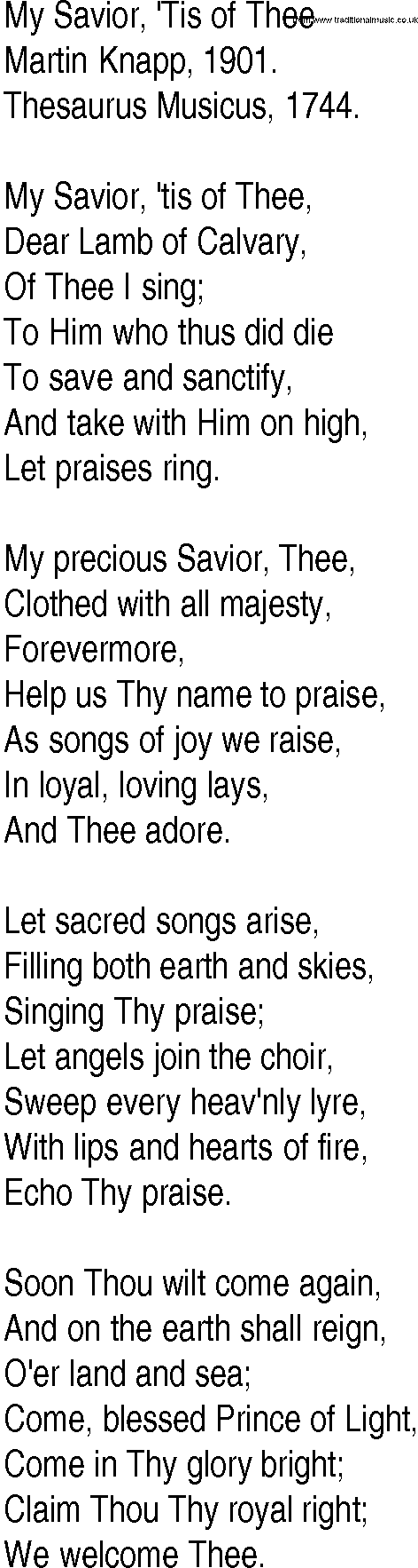 Hymn and Gospel Song: My Savior, 'Tis of Thee by Martin Knapp lyrics