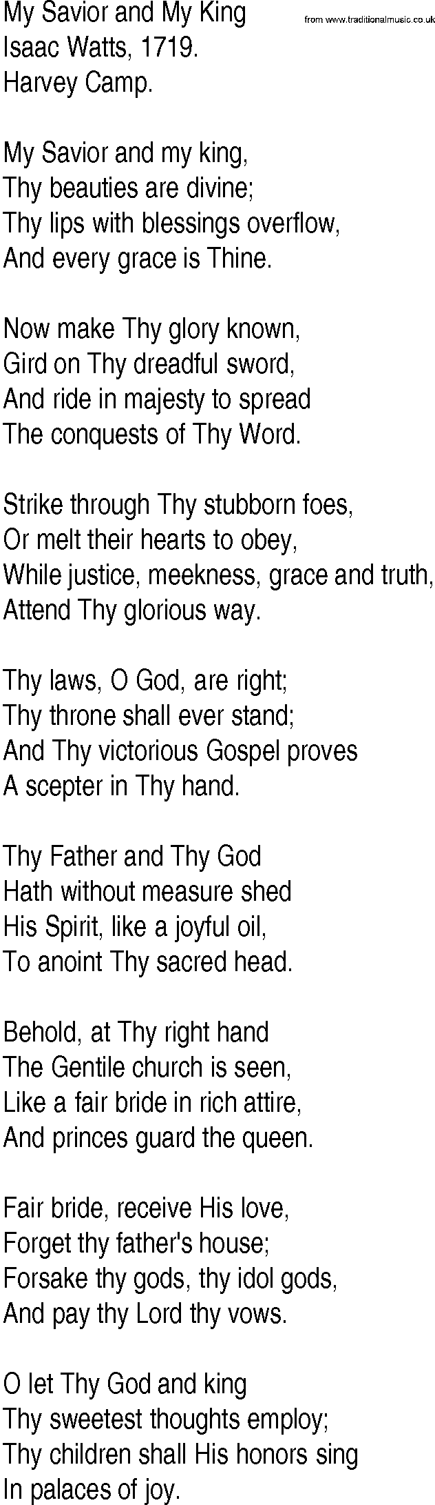 Hymn and Gospel Song: My Savior and My King by Isaac Watts lyrics