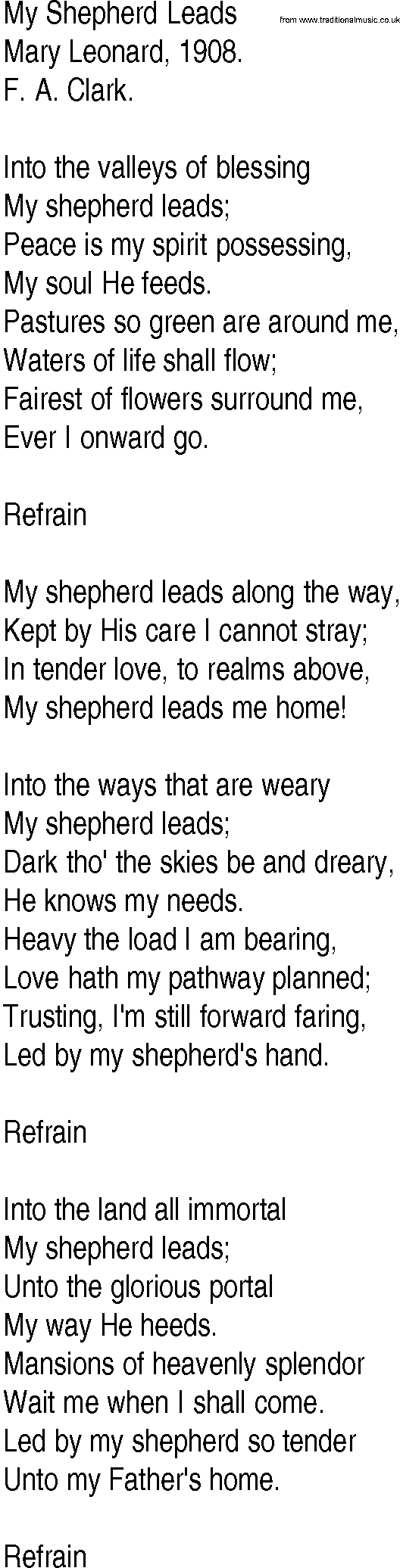 Hymn and Gospel Song: My Shepherd Leads by Mary Leonard lyrics