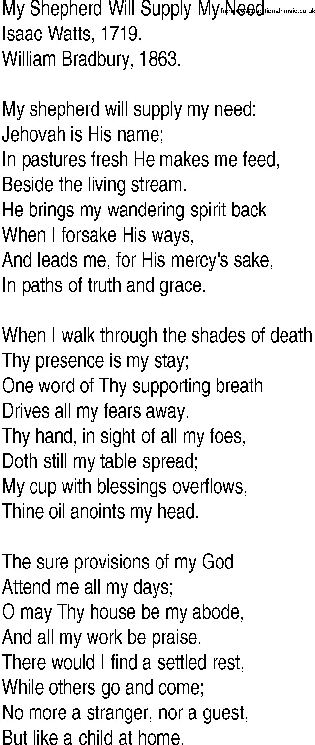 Hymn and Gospel Song: My Shepherd Will Supply My Need by Isaac Watts lyrics