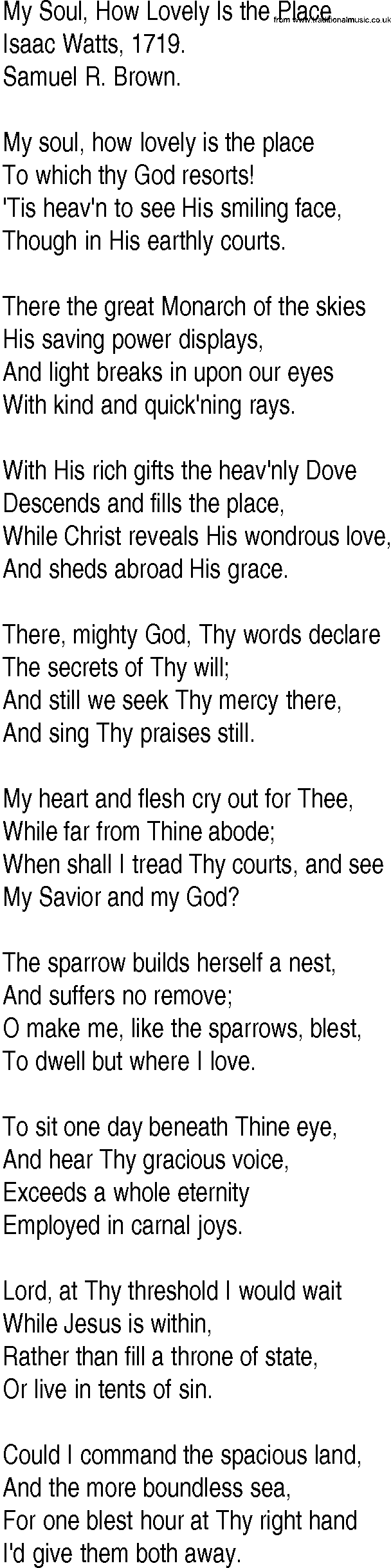 Hymn and Gospel Song: My Soul, How Lovely Is the Place by Isaac Watts lyrics