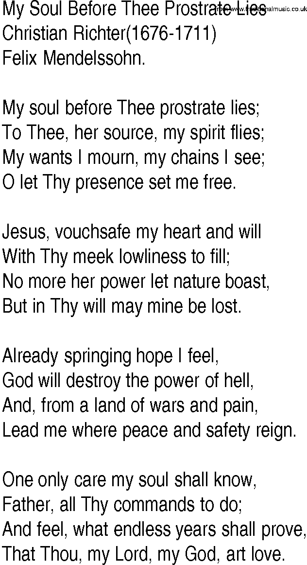 Hymn and Gospel Song: My Soul Before Thee Prostrate Lies by Christian Richter lyrics