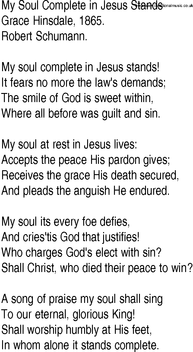 Hymn and Gospel Song: My Soul Complete in Jesus Stands by Grace Hinsdale lyrics