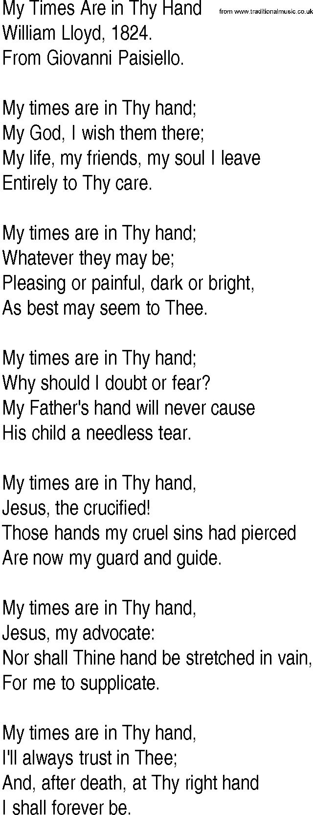 Hymn and Gospel Song: My Times Are in Thy Hand by William Lloyd lyrics