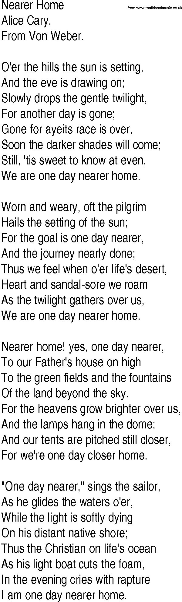 Hymn and Gospel Song: Nearer Home by Alice Cary lyrics