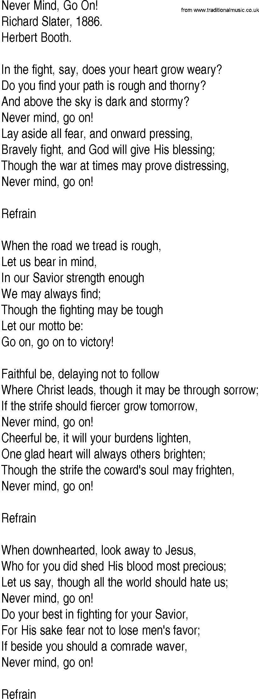 Hymn and Gospel Song: Never Mind, Go On! by Richard Slater lyrics