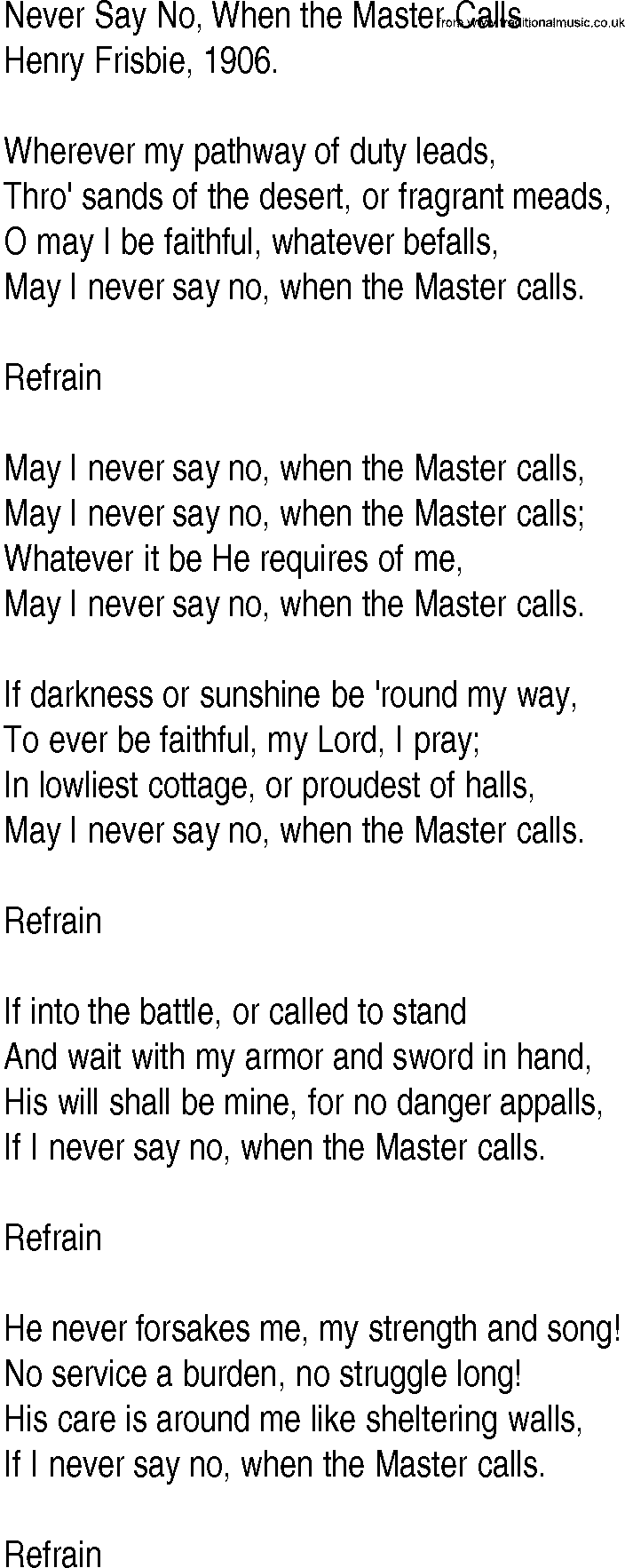 Hymn and Gospel Song: Never Say No, When the Master Calls by Henry Frisbie lyrics