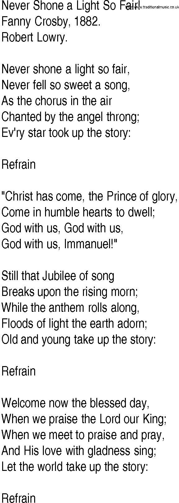 Hymn and Gospel Song: Never Shone a Light So Fair! by Fanny Crosby lyrics