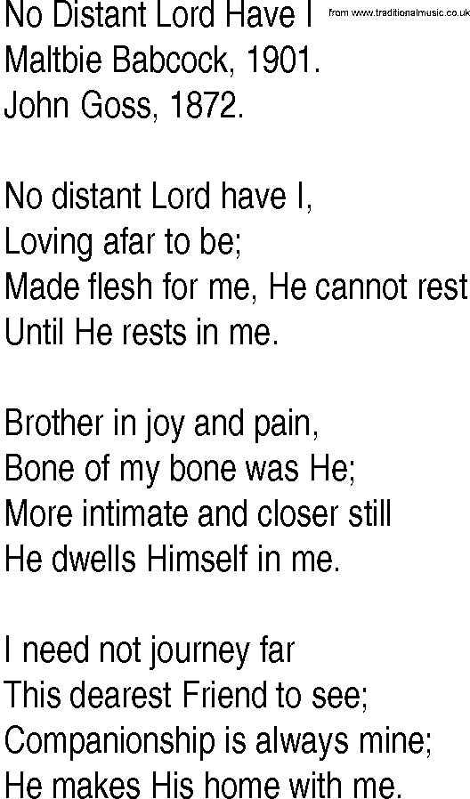 Hymn and Gospel Song: No Distant Lord Have I by Maltbie Babcock lyrics