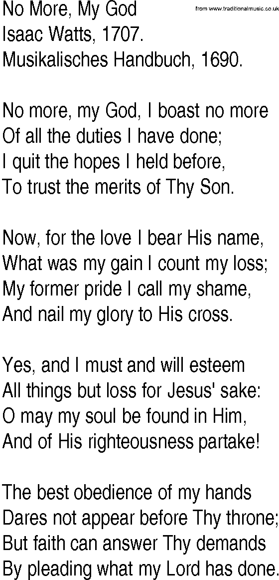 Hymn and Gospel Song: No More, My God by Isaac Watts lyrics