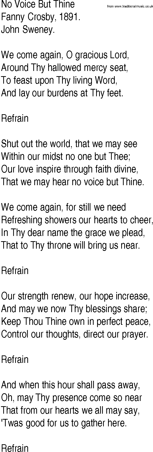 Hymn and Gospel Song: No Voice But Thine by Fanny Crosby lyrics
