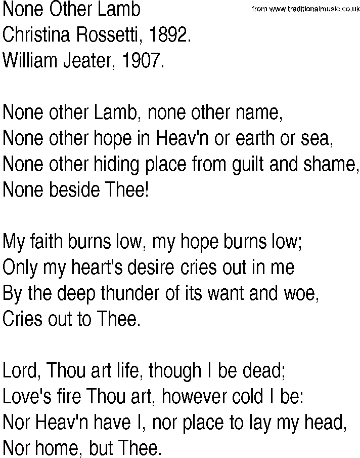 Hymn and Gospel Song: None Other Lamb by Christina Rossetti lyrics
