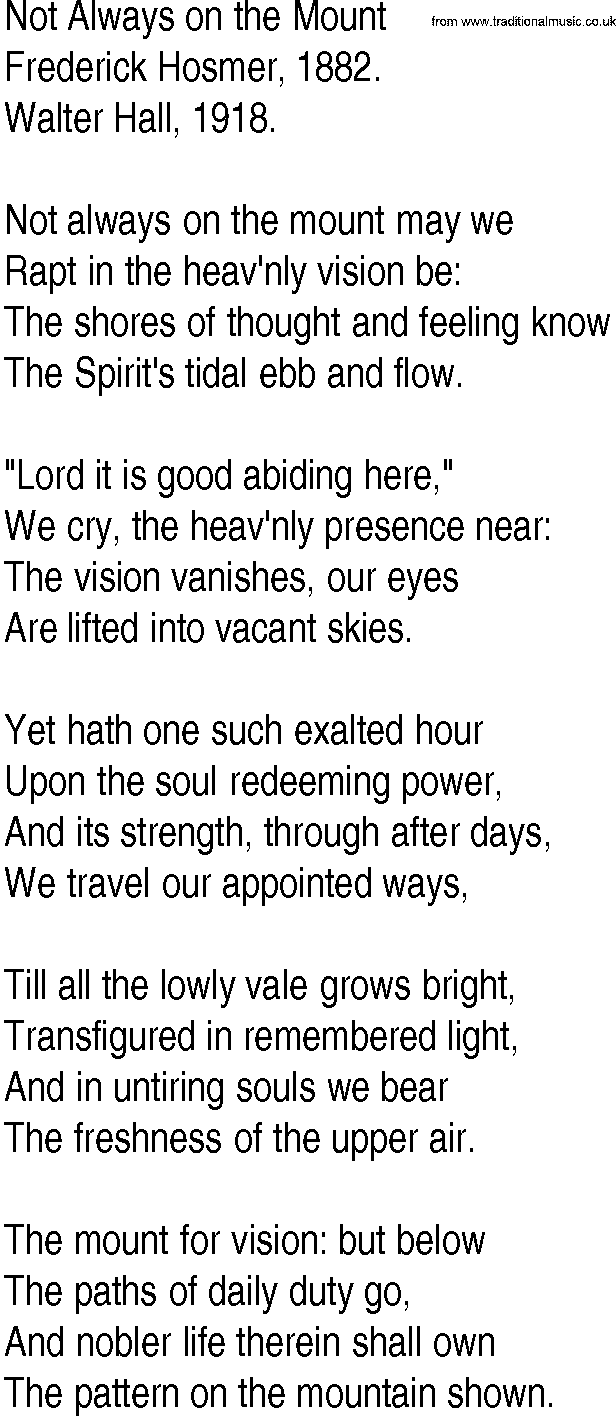 Hymn and Gospel Song: Not Always on the Mount by Frederick Hosmer lyrics
