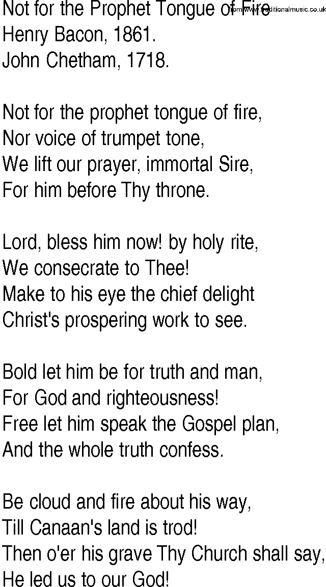 Hymn and Gospel Song: Not for the Prophet Tongue of Fire by Henry Bacon lyrics