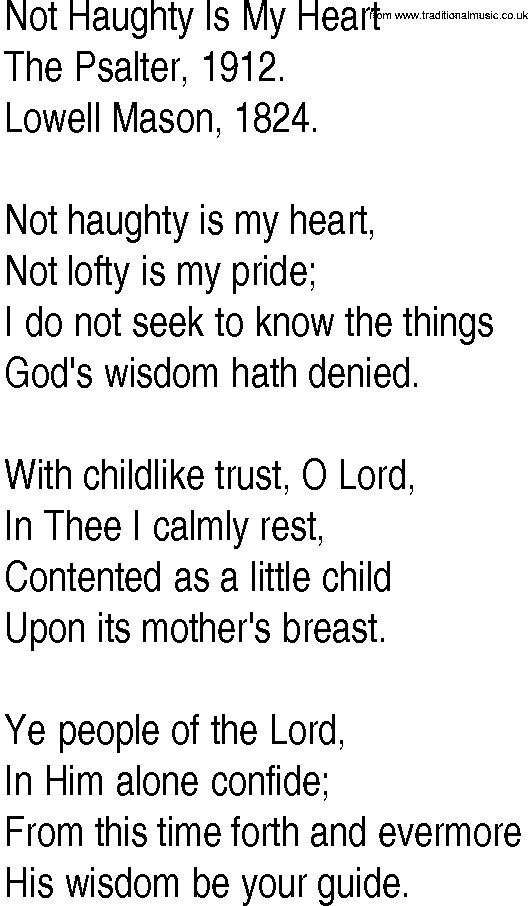 Hymn and Gospel Song: Not Haughty Is My Heart by The Psalter lyrics