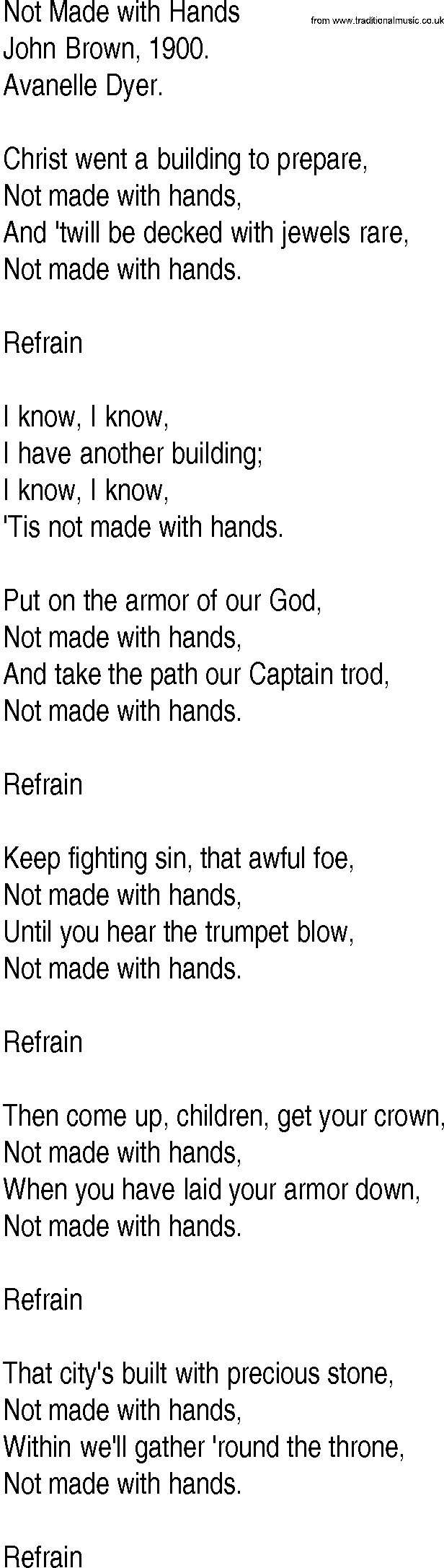 Hymn and Gospel Song: Not Made with Hands by John Brown lyrics