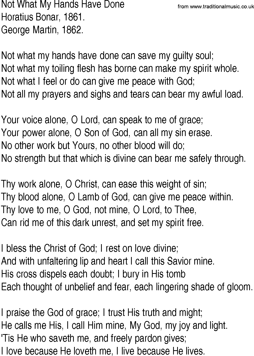 Hymn and Gospel Song: Not What My Hands Have Done by Horatius Bonar lyrics